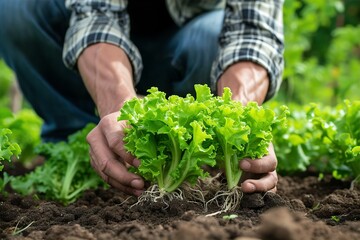 closeup farmer's hand holding and picking up the green lettuce salad leaves with roots