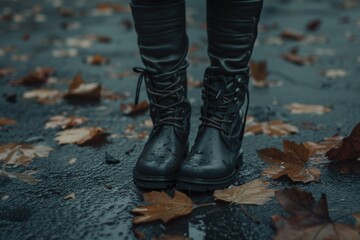 Black boots standing on a wet surface, suitable for fashion, outdoor, or rainy day themes