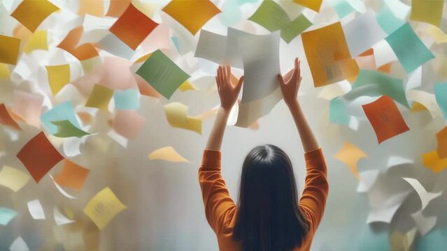 woman catches falling sheets of paper

