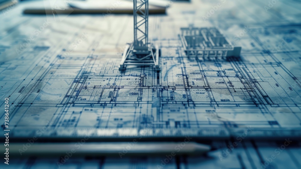 Poster a model of a crane sitting on top of a blueprint. suitable for construction, engineering, and archit