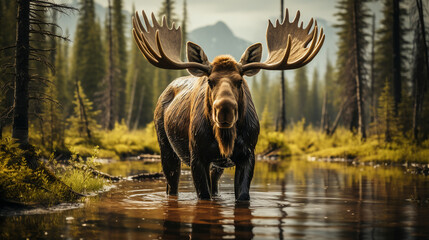 Fototapeta premium A Golden Hour Portrait of a Moose in Yellowstone