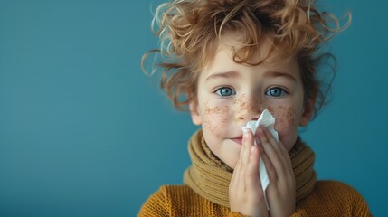 Portrait of a American child sniffing nose with tissue paper against a vibrant backdrop with space,  Generative AI. - obrazy, fototapety, plakaty