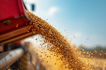 Grain auger of combine pouring soy bean into tractor trailer - obrazy, fototapety, plakaty