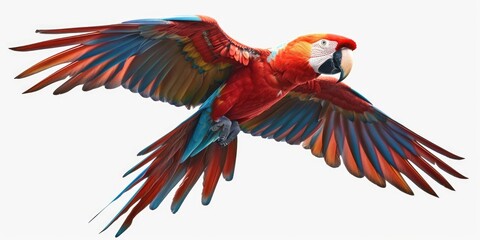 Obraz premium A vibrant parrot with red and blue feathers soaring through the air. Perfect for tropical and wildlife-themed designs