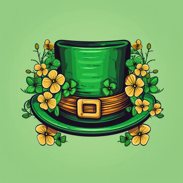 Green leprechaun hat with clover leaf isolated on white background. St. Patricks Day symbols. Vector illustration
