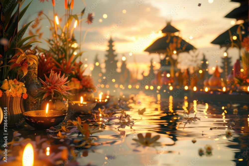 Poster A group of candles sitting on top of a pool. Can be used for relaxation or spa-themed designs