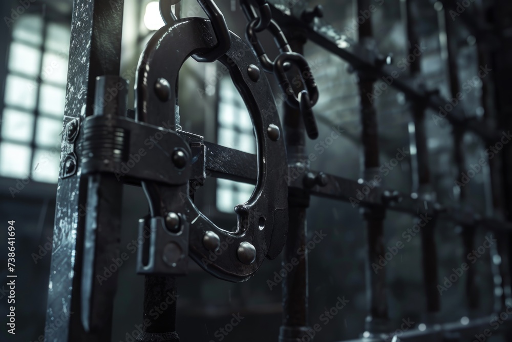 Poster a detailed view of a metal gate with a window in the background. this image can be used to depict se