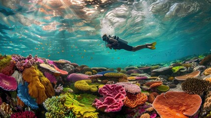 Freediver gliding underwater over vivid coral reef