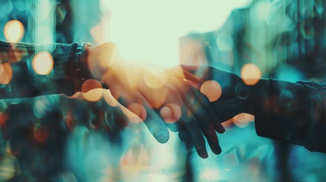 Double exposure group people hands were collaboration to trust in business success concept of teamwork partnership in company