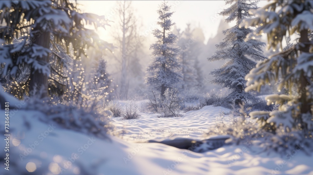 Aufkleber a picture of a snow covered forest with a dense collection of trees. this image can be used to depic
