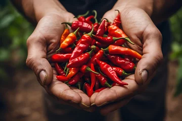 Tuinposter Close up of red hot Chilies isolated on hand. Hand holding a handful of fresh harvested red hot peppers. Chili cook herbal ingredients. Chilies in hand against natural background. Selective Focus. © Jam