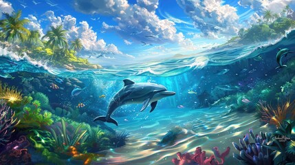 tropical seascape with water waved surface and dolphin swimming underwater - obrazy, fototapety, plakaty