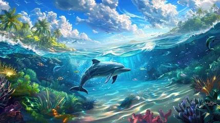Fotobehang tropical seascape with water waved surface and dolphin swimming underwater © buraratn