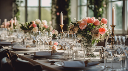 Zastawa stołowa na przyjęciu weselnym - dekoracja stołu weselnego w ogrodzie przez florystę i dekoratora. Piękne bukiety kwiatów na stoliku	 - obrazy, fototapety, plakaty