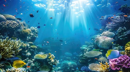 underwater coral reef landscape background in the deep blue ocean with colorful fish and marine life - obrazy, fototapety, plakaty