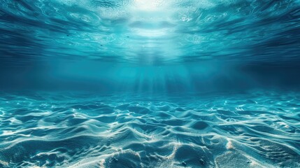 underwater blue ocean wide panorama background with sandy sea bottom