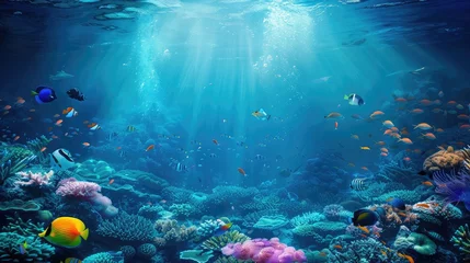Foto op Plexiglas underwater coral reef landscape background in the deep blue ocean with colorful fish and marine life © buraratn