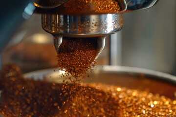 A close-up view of a machine releasing a large quantity of grains. This image can be used to depict the process of grain production or the concept of abundance