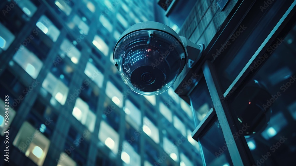 Poster Close up view of a camera mounted on the side of a building. Perfect for surveillance, security, or urban photography projects