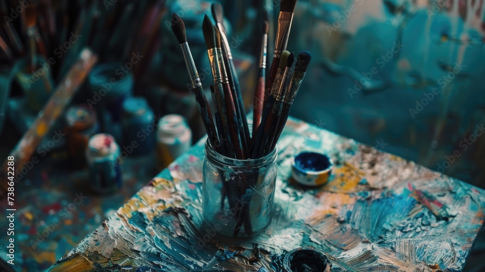 Poster paint brushes arranged on a table, ready for use. suitable for art and creativity themes