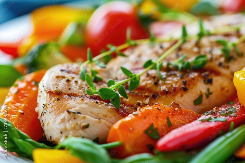 Poster a close-up view of a plate filled with delicious meat and vegetables. this image can be used to show