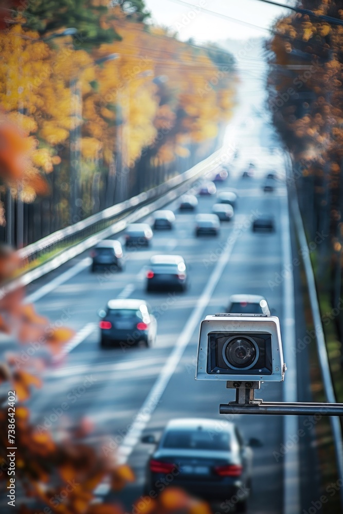 Aufkleber a camera mounted on a pole overlooking a busy highway. ideal for surveillance and traffic monitoring