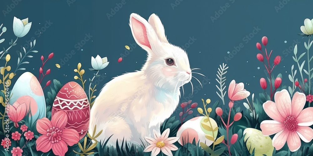 Poster a white rabbit sitting peacefully in a field of colorful flowers. this image can be used to depict n