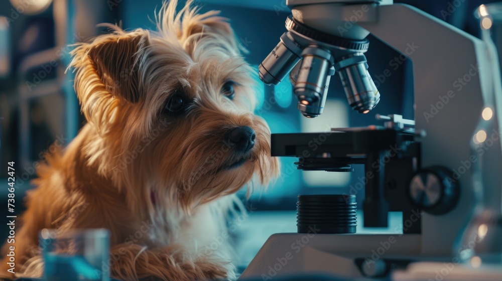 Poster a small dog is seen sitting in front of a microscope. this image can be used to depict curiosity, sc