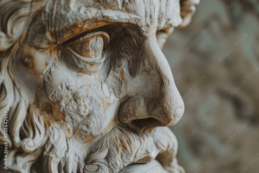 Poster A detailed close-up view of a statue depicting the face of a man. This image can be used for various purposes