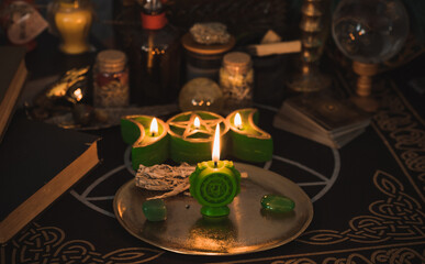 Naklejka premium Altar of modern witch. Candles and oracle stuff on a table. Mental work with energetic. Some rite and fate prediction illustration