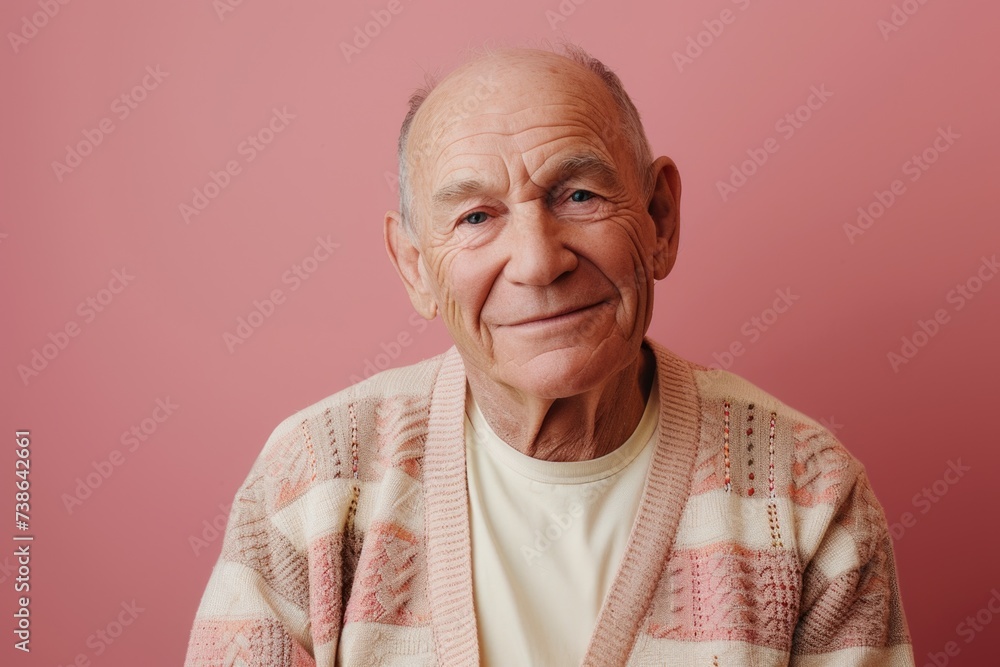 Poster an older man wearing a sweater with a warm smile. suitable for various uses