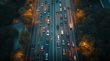 Top down view of crowded motorway lanes. - obrazy, fototapety, plakaty