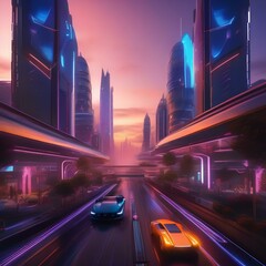 A futuristic cityscape with sleek buildings and flying cars, bathed in neon lights and digital displays, showcasing a high-tech world4