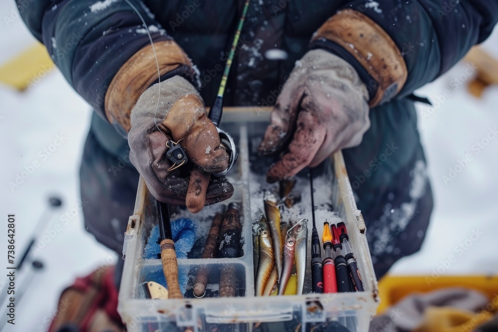 Poster a person holding a box of tools in the snow. suitable for winter diy projects