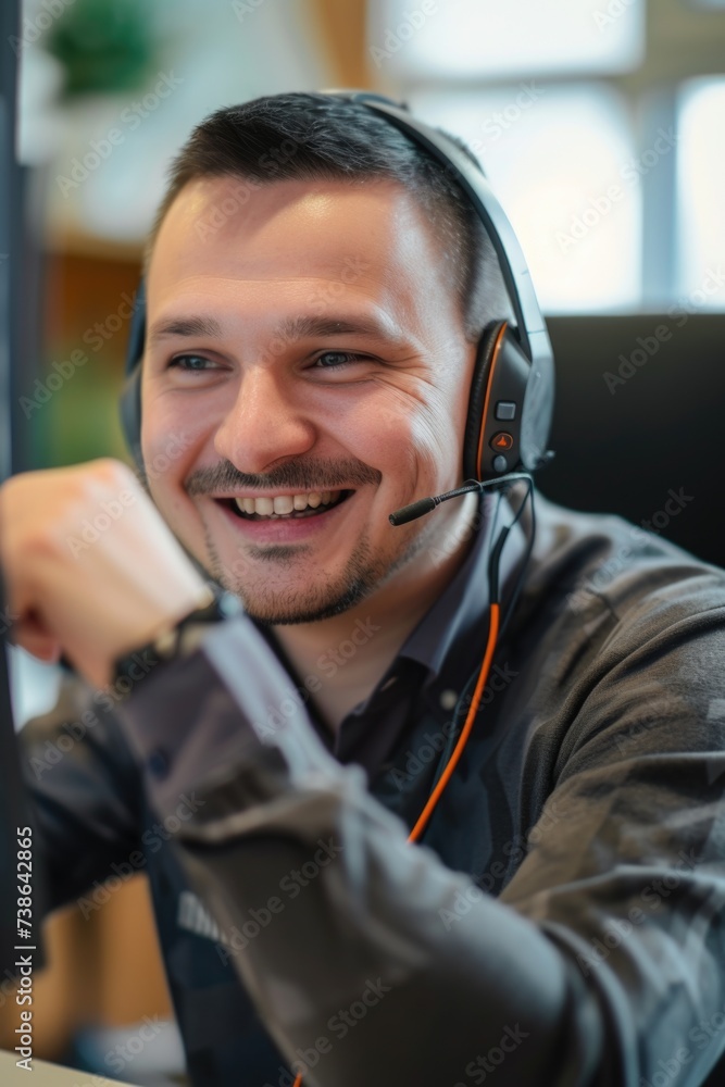 Wall mural a man wearing a headset sits in front of a computer, smiling. perfect for customer support, call cen