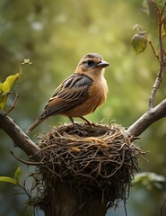 A bird perched on top of a nest in a tree. This image can be used to depict the beauty of nature and the nurturing instinct of birds Generative AI