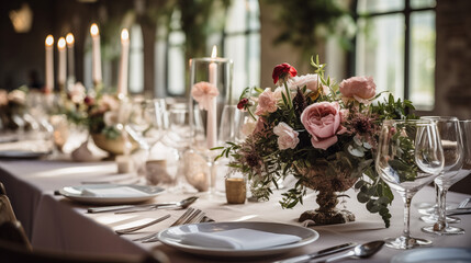 Zastawa stołowa na przyjęciu weselnym - dekoracja stołu weselnego w ogrodzie przez florystę i...