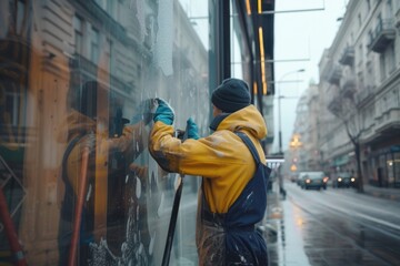 A man wearing a yellow jacket and blue gloves is painting on a wall. This image can be used to depict a handyman or artist at work