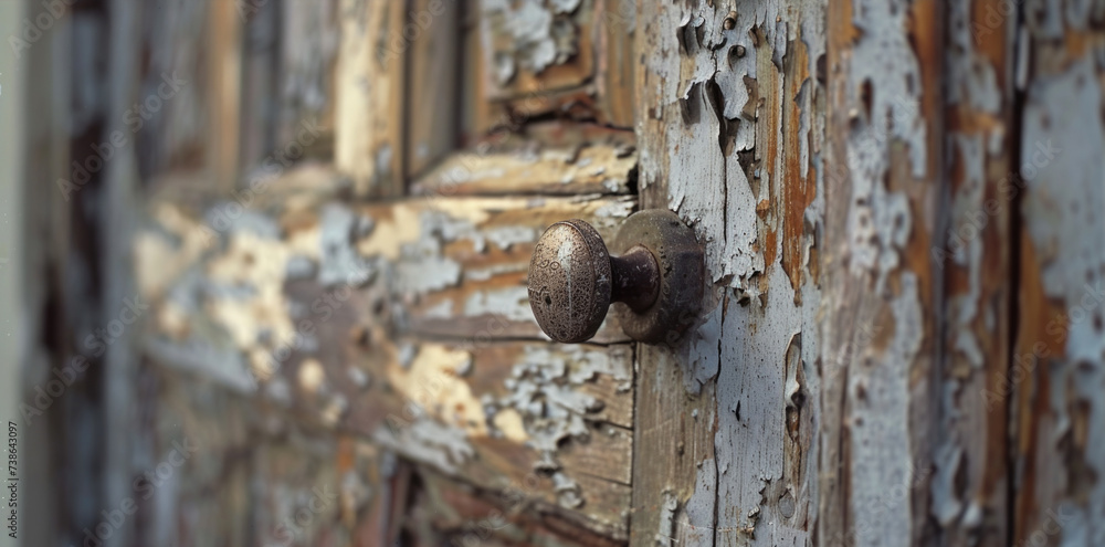 Poster close-up view of a door handle on a wooden door. suitable for various architectural and interior des