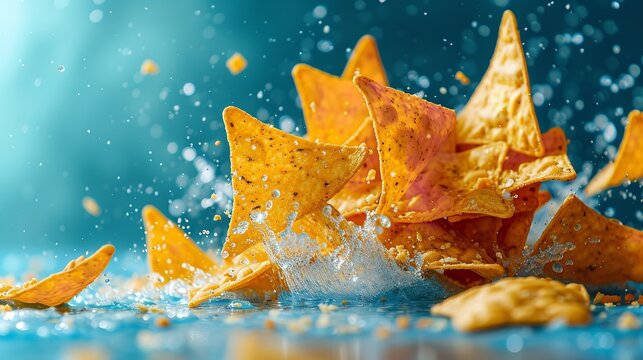 Portrait of flying doritos on the clean blurry blue backdrop with empty space, light and shadow abstract backdrop, Generative AI.