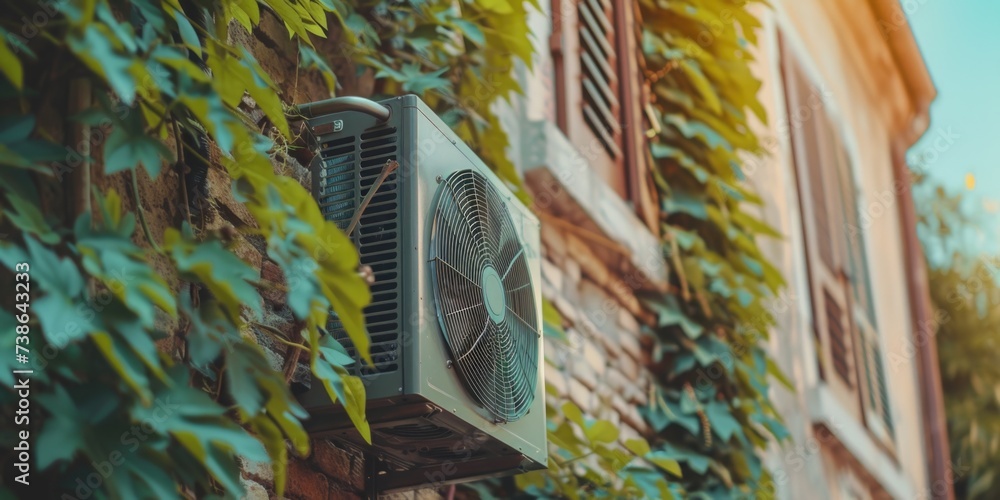 Poster an air conditioner mounted on the side of a building. suitable for illustrating building infrastruct