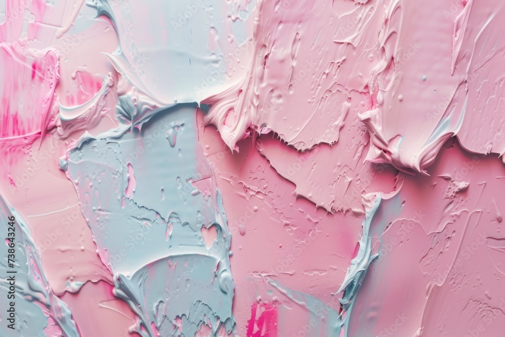 Poster a close-up view of a vibrant pink and blue painting. this artwork adds a pop of color and energy to 