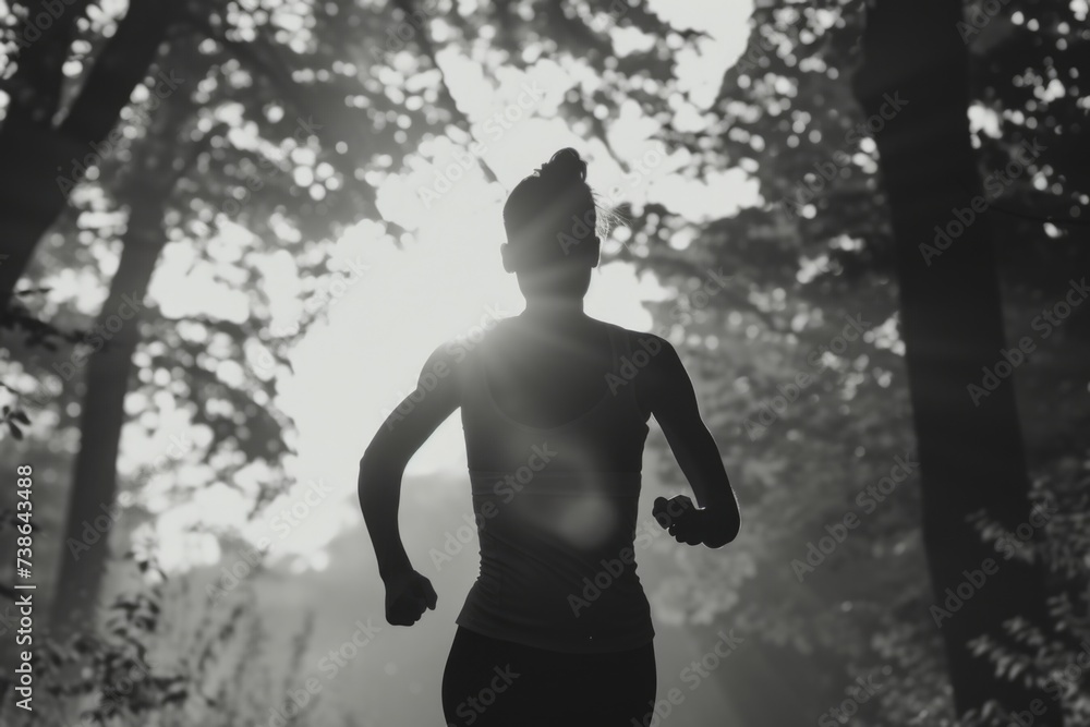 Poster a person is seen running through a forest with the sun shining through the trees.