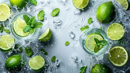 Mint Leaves, Lime Slices, and Splashes Dance in the Air Against a Clean White Background