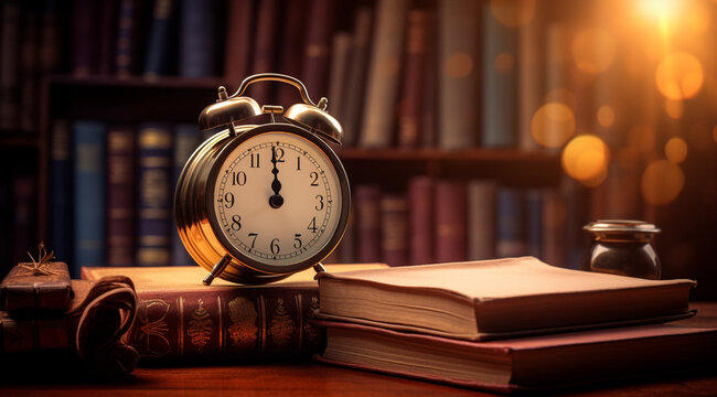 Illustration of an alarm clock on a book and bells on a wooden background, in the style of historical references, books, and portfolios. Unusual background in rustic style.