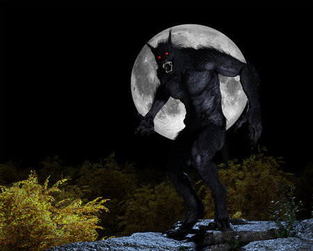 Digital Illustration of a Werewolf Dogman cryptid framed against a full moon and forest background