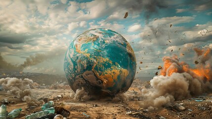 Globe, earth,  desert planet, drought, global warming, plastic waste, ecology, nature suffering from human impact, CSR, fossil fuel, fire, dirt, end of the world, climate change 