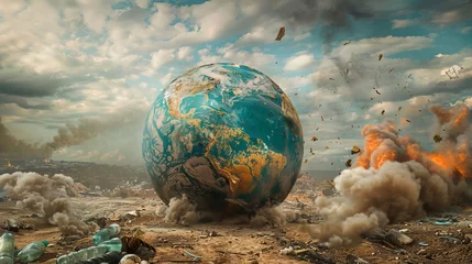 Wandcirkels tuinposter Globe, earth,  desert planet, drought, global warming, plastic waste, ecology, nature suffering from human impact, CSR, fossil fuel, fire, dirt, end of the world, climate change  © Flying Fred