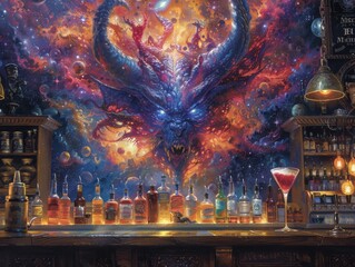 Demon bartender at a space crossroads tavern mixing black hole cocktails with a twist of supernova