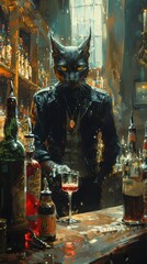 Demon bartending at a dimly lit club mixing drinks with a dash of mischief
